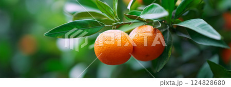 ripe orange fruits growing on a tree branch in a garden on a plantation 124828680