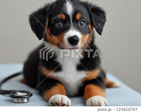 Adorable Appenzeller puppy with fluffy black fur at a veterinary checkup Adorable Appenzeller puppy with fluffy black fur at a veterinary checkup 124828707