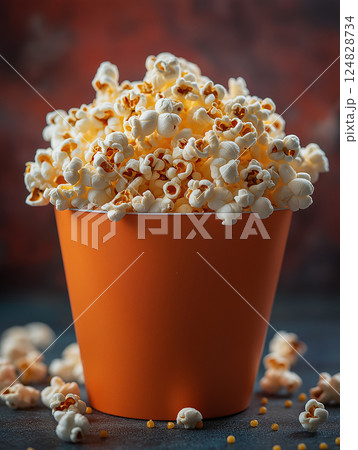 Delicious buttery popcorn snack in a bucket perfect for cinema and movie nights 124828734