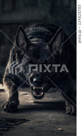 German Shepherd Dog Snarling with Aggressive Guard Stance and Dark Fur, Captured in Intense Expression German Shepherd Dog Snarling with Aggressive Guard Stance and Dark Fur, Captured in Intense Expression 124828783
