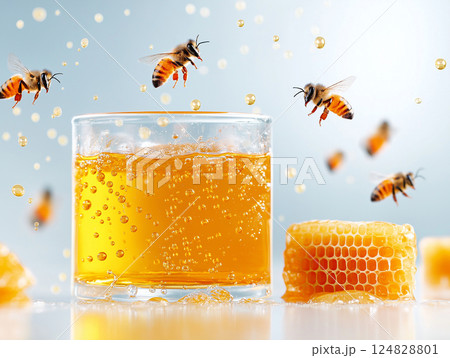 Buzzing bees surround a glass of honey with honeycomb, capturing sweet nature's vibrant beauty Buzzing bees surround a glass of honey with honeycomb, capturing sweet nature's vibrant beauty 124828801
