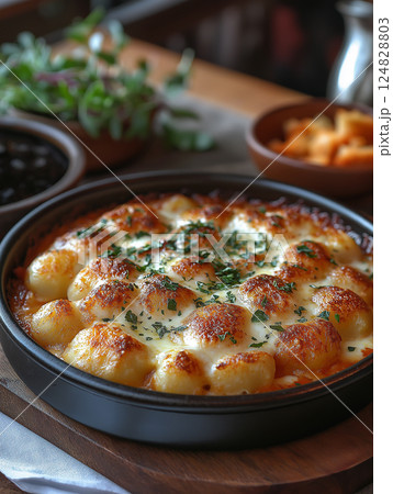 Delicious baked gnocchi with cheese and herbs in a gourmet Italian dish 124828803