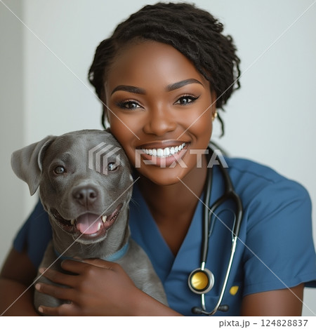 Joyful nurse with a friendly Staffordshire dog showcasing veterinary care and companionship Joyful nurse with a friendly Staffordshire dog showcasing veterinary care and companionship 124828837