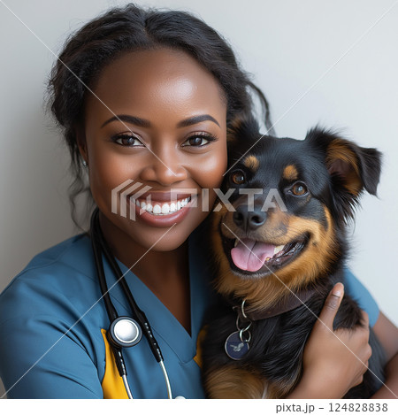 Smiling healthcare professional with dog breed, showcasing companionship and veterinary care Smiling healthcare professional with dog breed, showcasing companionship and veterinary care 124828838