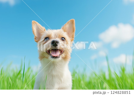 Papillon dog smiling happily in the grass under a blue sky, enjoying nature in a cute and playful way 124828851