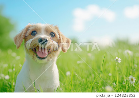 Terrier dog with a happy smile in grass, outdoor nature, summer day featuring cute canine Terrier dog with a happy smile in grass, outdoor nature, summer day featuring cute canine 124828852