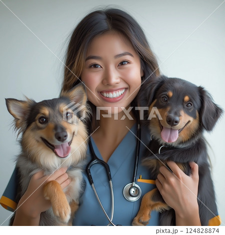 Miniature Vet Dogs with Pets: Smiling Woman in Healthcare with Dog Happy and Joyful 124828874