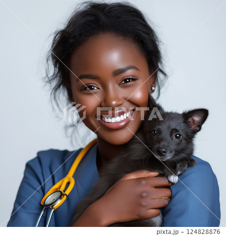 Portrait of a smiling veterinary holding a Schipperke dog, showcasing happiness and care. 124828876