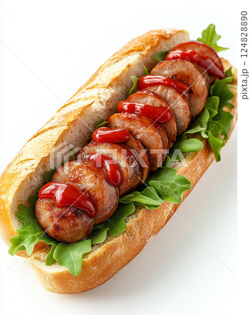 Tasty sausage sandwich with ketchup and fresh arugula on a delicious grilled bread bun 124828890
