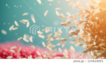 Rice grains in motion: vibrant food texture and healthy nutrition in light background Rice grains in motion: vibrant food texture and healthy nutrition in light background 124828891