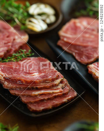 Delicious meat steak slices with herbs, perfect for gourmet cooking and culinary preparation 124828892