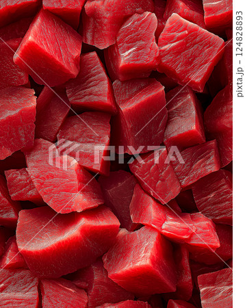 Fresh chunks of red meat: raw beef steak, perfect for cooking and delicious cuisine 124828893