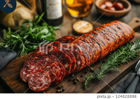 Delicious salami slices with aromatic herbs on rustic board, perfect for a gourmet appetizer Delicious salami slices with aromatic herbs on rustic board, perfect for a gourmet appetizer 124828898
