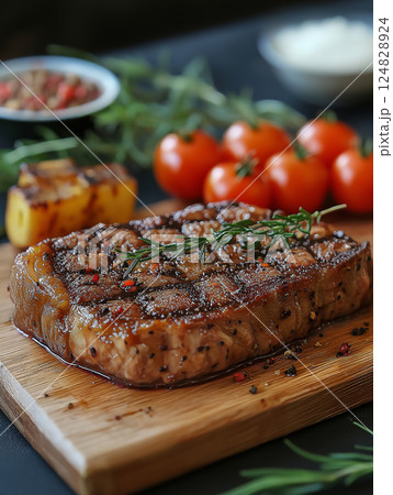 Grilled steak with herbs, tomato, and seasoning - a delicious gourmet meal 124828924