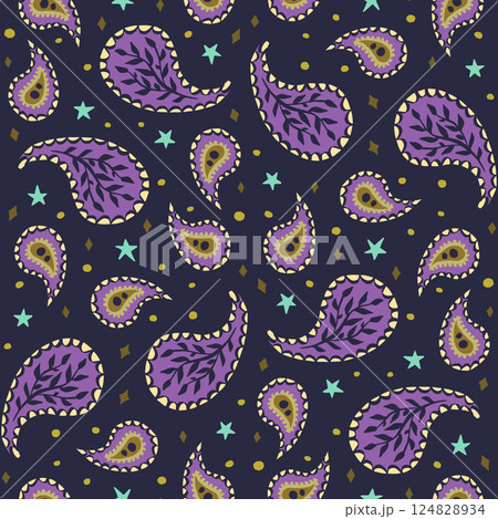 Seamless pattern with stars and paisley on dark blue background. Boho repeat wallpaper. 124828934