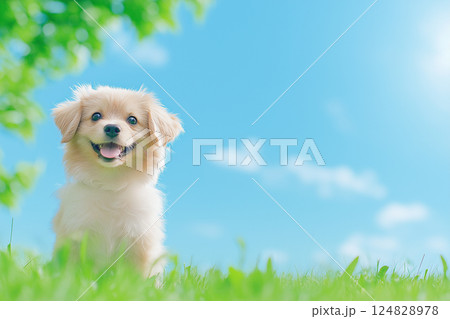 Pomeranian puppy dog is cute, fluffy, and happy on the grass under the blue sky Pomeranian puppy dog is cute, fluffy, and happy on the grass under the blue sky 124828978