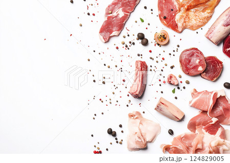 A culinary assortment of raw meat ingredients featuring delicious gourmet cuts and spices. 124829005
