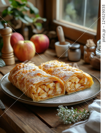 Apple strudel dessert with homemade pastry in rustic kitchen setting 124829038