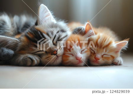 Sleeping kitten with fluffy fur, adorable and cozy in a calm, cute and gentle setting Sleeping kitten with fluffy fur, adorable and cozy in a calm, cute and gentle setting 124829039