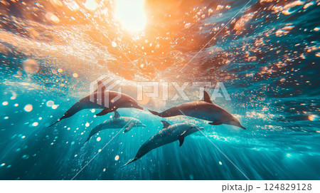 Dolphins swimming in the ocean with sunlight highlighting marine wildlife and aquatic beauty 124829128