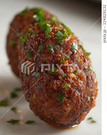 Delicious crispy meatball with parsley garnished - perfect gourmet appetizer for savory cuisine Delicious crispy meatball with parsley garnished - perfect gourmet appetizer for savory cuisine 124829132