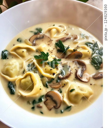 Delicious tortellini soup with mushrooms, creamy spinach, and parsley in a gourmet italian dish 124829160