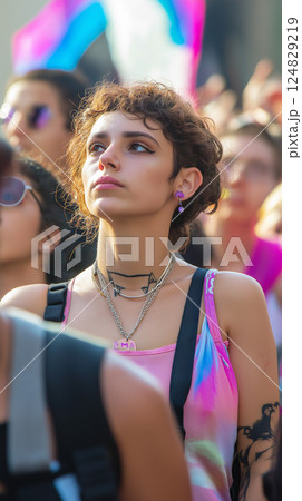 Expression of youth in a vibrant festival crowd showcasing culture, fashion, and focus outdoors Expression of youth in a vibrant festival crowd showcasing culture, fashion, and focus outdoors 124829219