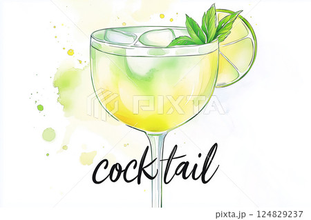Refreshing cocktail drink with lemon and lime in glass, garnished with mint and ice 124829237