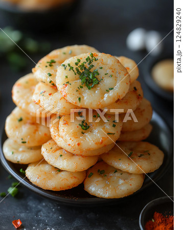 Delicious shrimp appetizer on a plate stacked with fresh herbs and spices 124829240