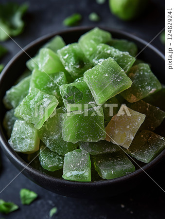 Green sweet candy cubes with a sugary treat and colorful dessert in a bowl for a snack. 124829241