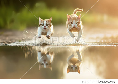 Playful kitten with reflection running and jumping outdoors in a cute, energetic, and nature-filled scene Playful kitten with reflection running and jumping outdoors in a cute, energetic, and nature-filled scene 124829245