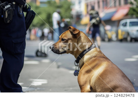 Brown dog with collar sitting on urban street with police officers, cars, and people nearby Brown dog with collar sitting on urban street with police officers, cars, and people nearby 124829478