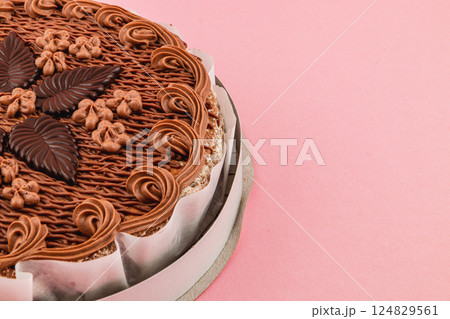 Delicious chocolate cake decorated with leaves on a pink background Delicious chocolate cake decorated with leaves on a pink background 124829561