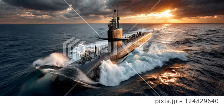 Submarine navigating through ocean waves at sunset under dramatic sky Submarine navigating through ocean waves at sunset under dramatic sky 124829640