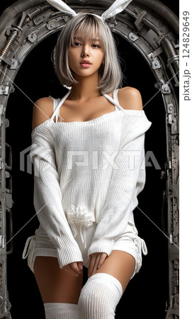 Asian woman with stylish silver hair in white outfit and decorative bunny ears in industrial setting Asian woman with stylish silver hair in white outfit and decorative bunny ears in industrial setting 124829649