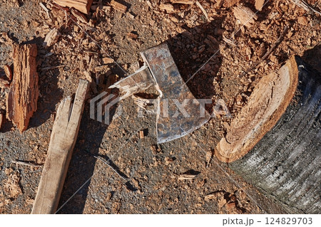 Broken axe on the ground by the wood stack Broken axe on the ground by the wood stack 124829703