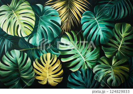 A vibrant composition of Monstera, palm, and banana leaves fills the canvas, rich green tones set against a silk black background, creating a bold and elegant tropical design A vibrant composition of Monstera, palm, and banana leaves fills the canvas, rich green tones set against a silk black background, creating a bold and elegant tropical design 124829833