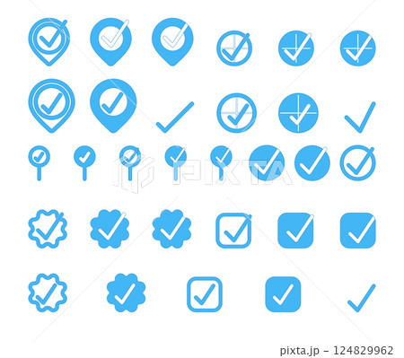 Vector location pin icons with check mark in badge style and flat blue design 124829962