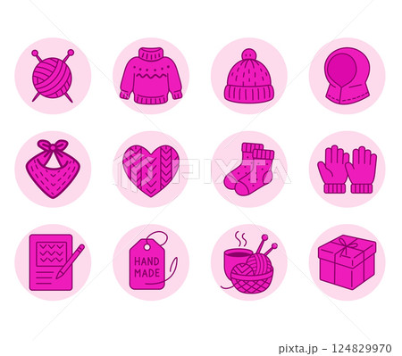 cozy winter knitting and handmade icons set in fuchsia color for craft and gift projects vector. cozy winter knitting and handmade icons set in fuchsia color for craft and gift projects vector. 124829970