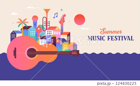 Colorful geometric summer music festival template, poster, banner. Summer time fun concept design 124830225