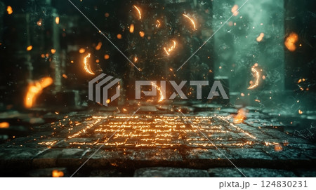 魔法陣が浮かぶ神秘的な祭壇・幻想世界の儀式 124830231