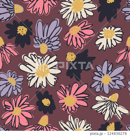 Seamless pattern with hand drawn colorful ditsy scribble flowers on brown background Seamless pattern with hand drawn colorful ditsy scribble flowers on brown background 124830278