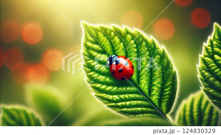 テントウムシと葉に朝露 124830329