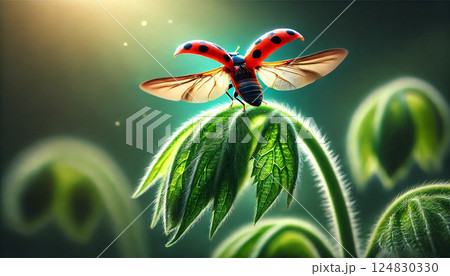 飛び立つ瞬間のテントウムシと葉に朝露 飛び立つ瞬間のテントウムシと葉に朝露 124830330
