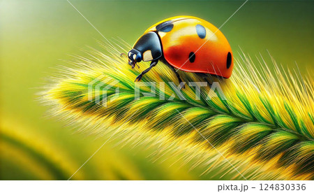 テントウムシと葉に朝露 124830336