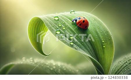 テントウムシと葉に朝露 124830338