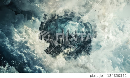 雲に包まれた渦巻く未来都市・幻想空間の都市像 124830352
