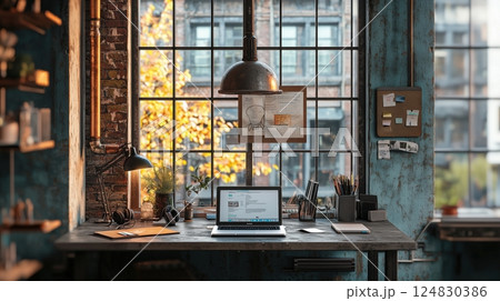 インダストリアル風ワークスペースと秋の窓景色 124830386