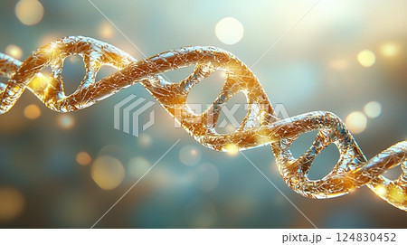 Abstract Golden DNA Helix 3D Render with Teal Bokeh Background 124830452