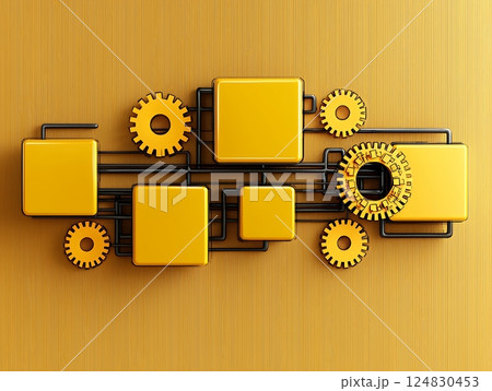 Abstract Golden Yellow Gears and Squares on Wood Background 124830453